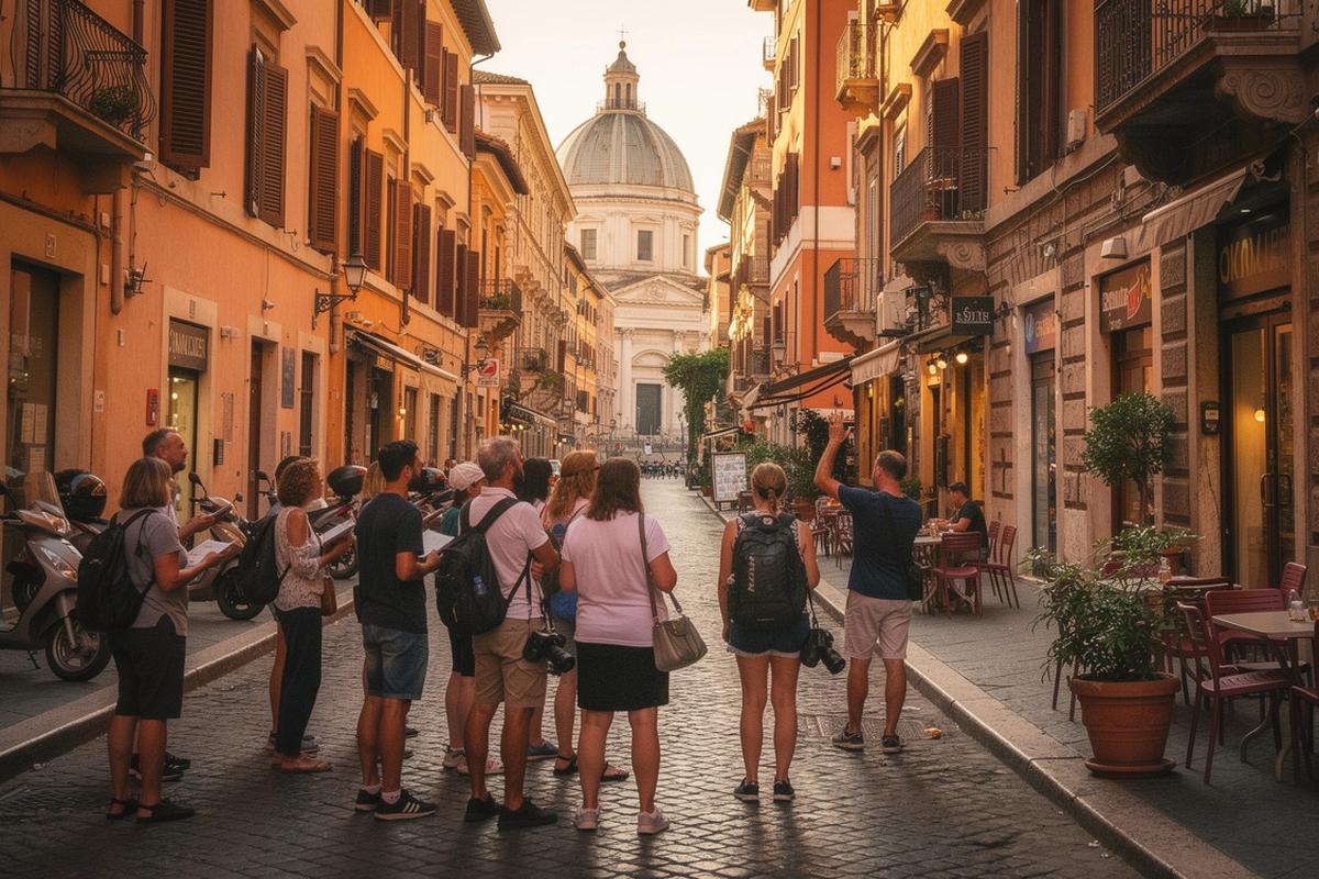 A sightseeing city street at golden hour